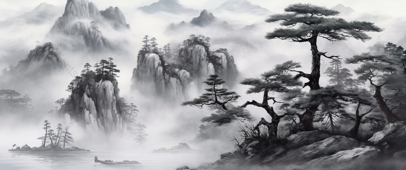 山水河流树木黑白淡彩意境中国风水墨画,插画/手绘图,插画/手绘图库,插画/手绘图下载,插画/手绘